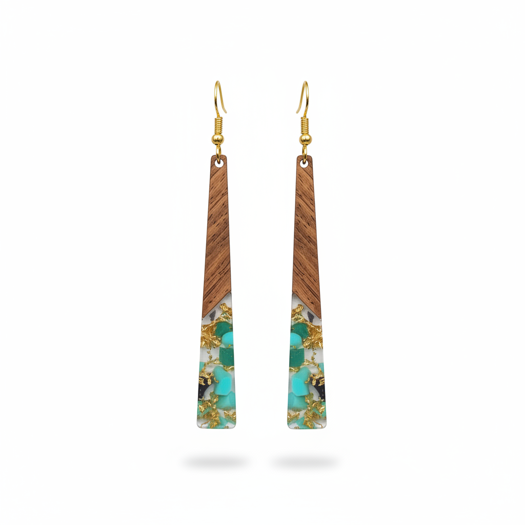 Green Resin & Wood Goldtone Long ?Trapezoid Hook Earrings