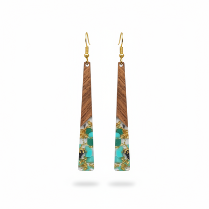 Green Resin & Wood Goldtone Long ?Trapezoid Hook Earrings