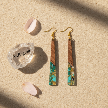 Green Resin & Wood Goldtone Long ?Trapezoid Hook Earrings