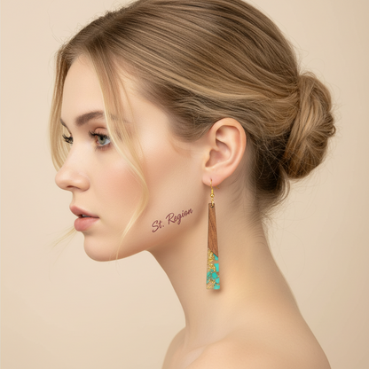 Green Resin & Wood Goldtone Long ?Trapezoid Hook Earrings