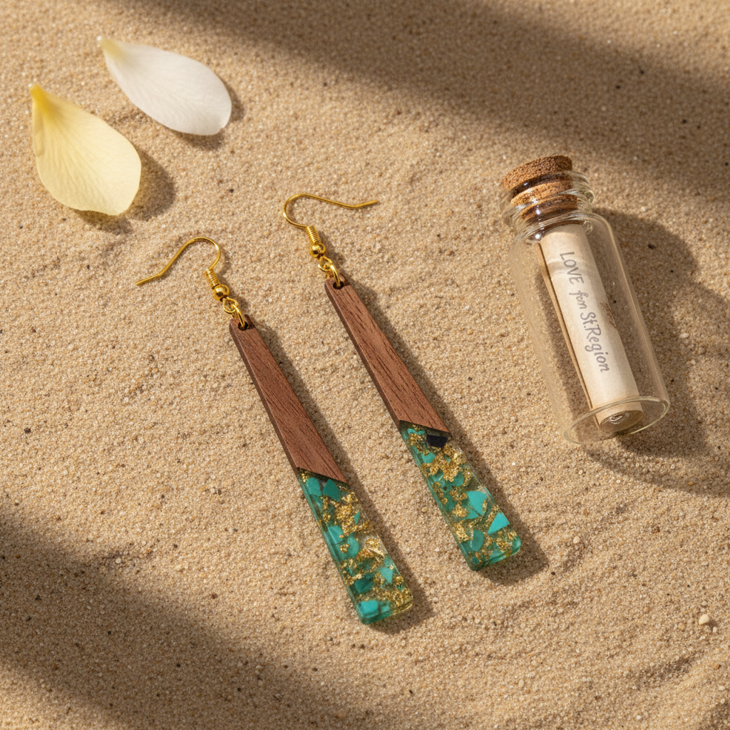 Green Resin & Wood Goldtone Long ?Trapezoid Hook Earrings