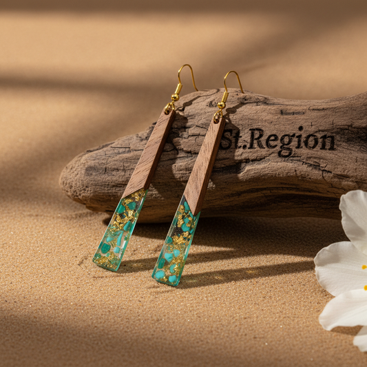 Green Resin & Wood Goldtone Long ?Trapezoid Hook Earrings