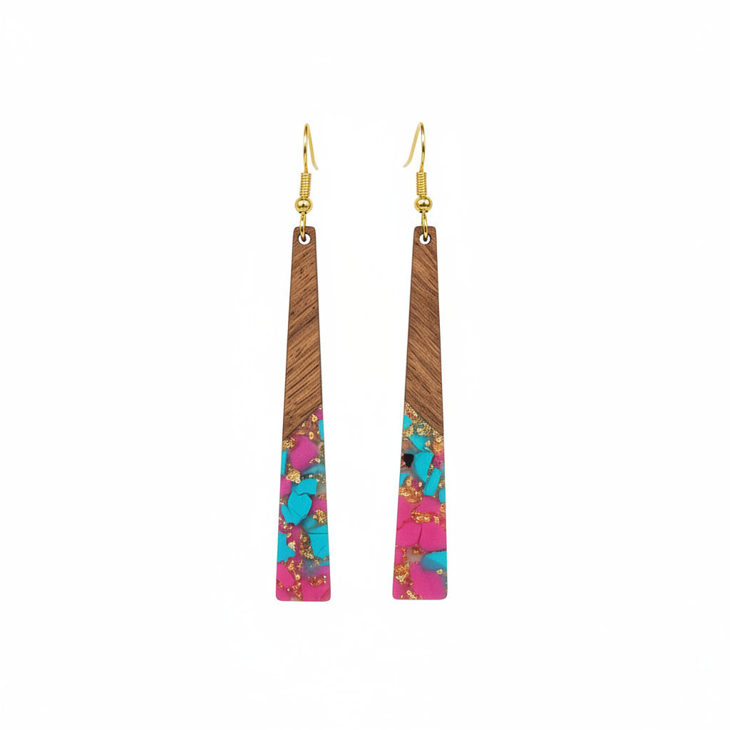 Rose & Blue Resin Wood Goldtone Long ?Trapezoid Hook Earrings
