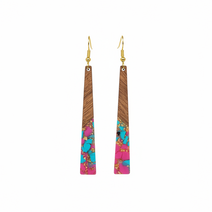 Rose & Blue Resin Wood Goldtone Long ?Trapezoid Hook Earrings
