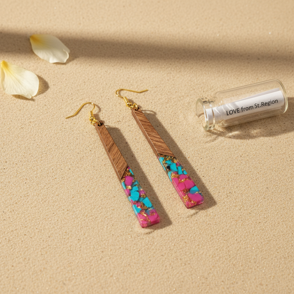 Rose & Blue Resin Wood Goldtone Long ?Trapezoid Hook Earrings
