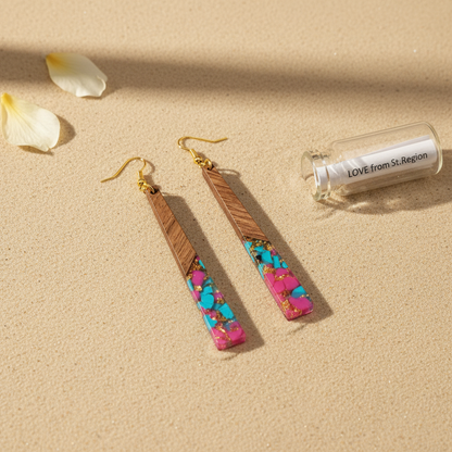 Rose & Blue Resin Wood Goldtone Long ?Trapezoid Hook Earrings