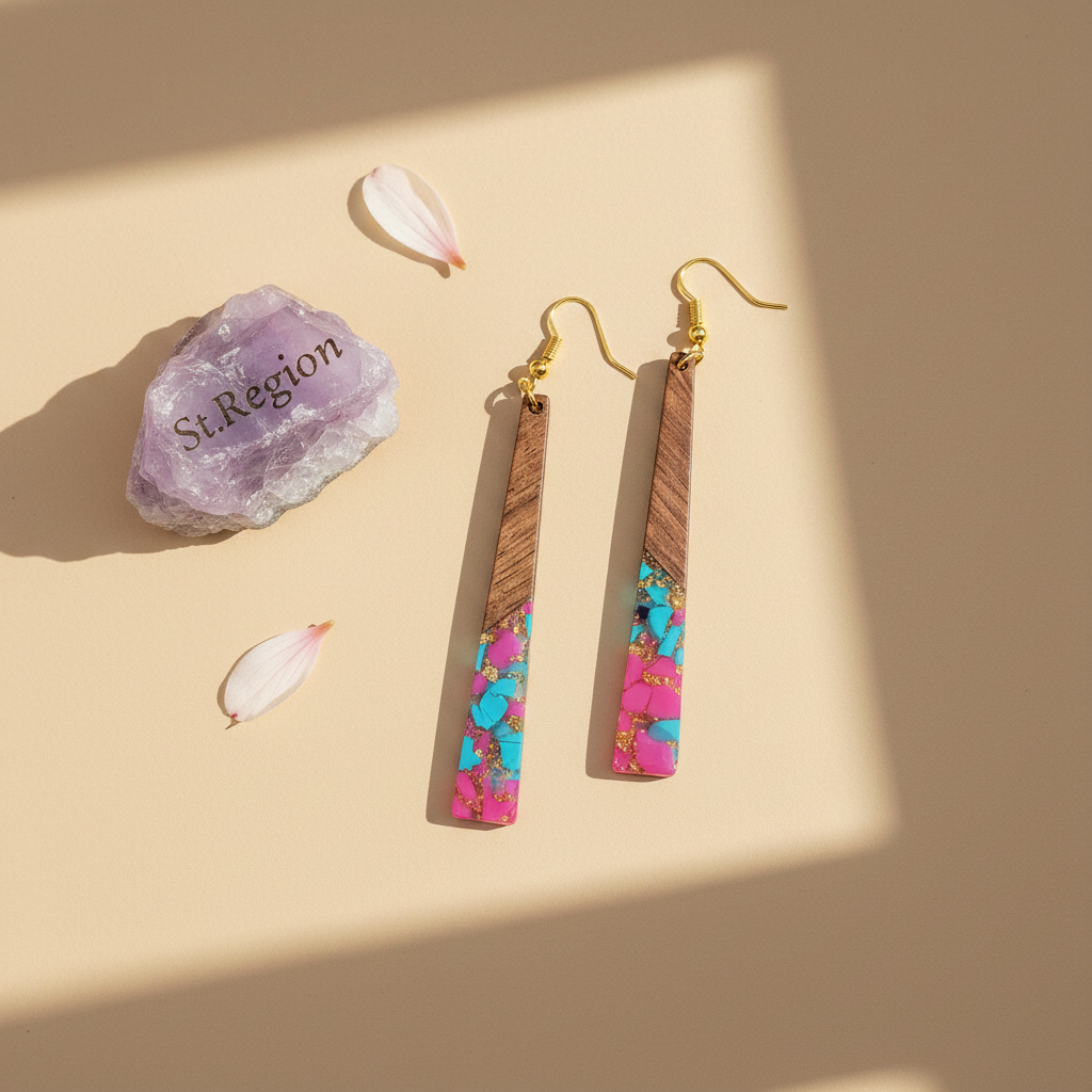 Rose & Blue Resin Wood Goldtone Long ?Trapezoid Hook Earrings