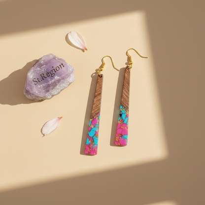 Rose & Blue Resin Wood Goldtone Long ?Trapezoid Hook Earrings