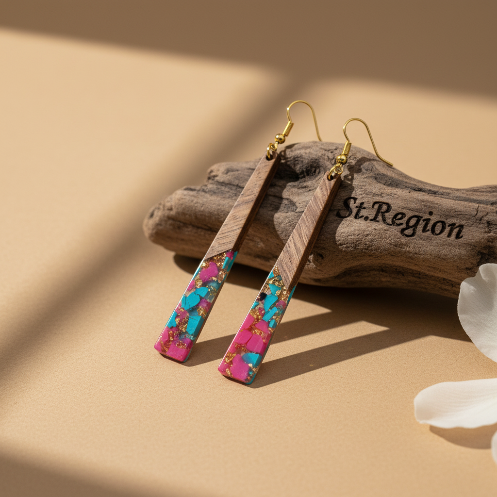 Rose & Blue Resin Wood Goldtone Long ?Trapezoid Hook Earrings