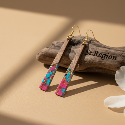 Rose & Blue Resin Wood Goldtone Long ?Trapezoid Hook Earrings