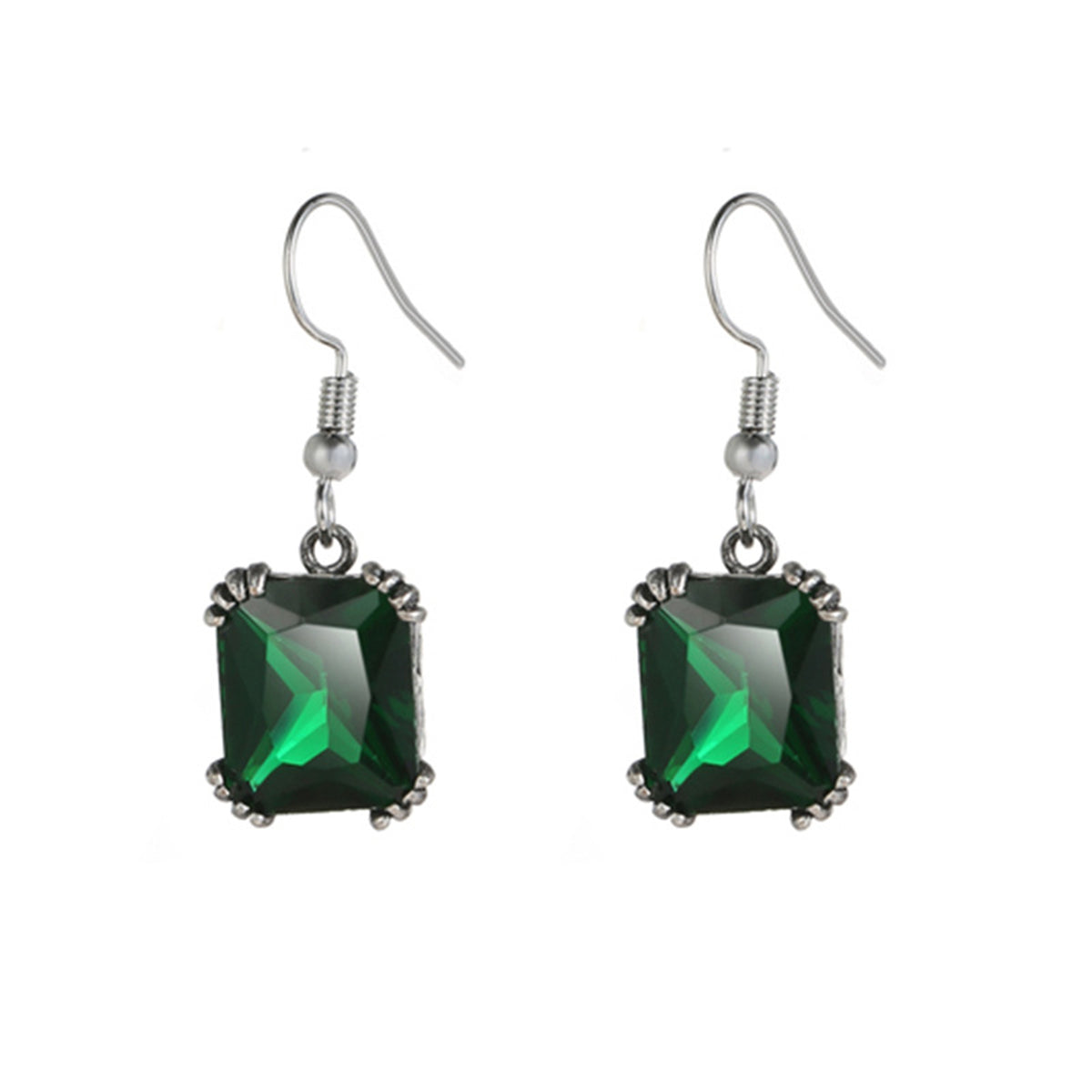 Green Crystal & Silvertone Princess-Cut Drop Earrings