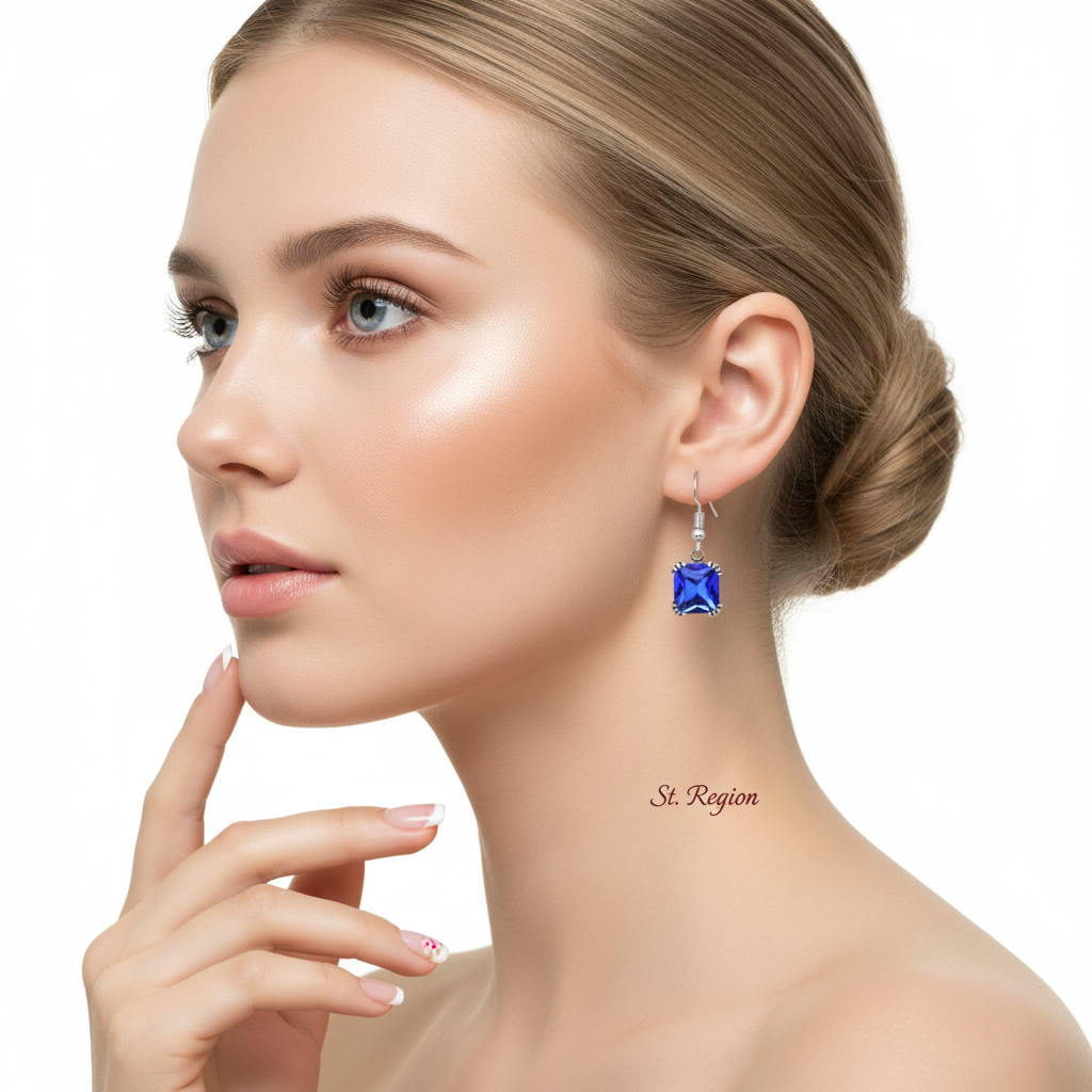Navy Crystal & Silvertone Princess-Cut Drop Earrings