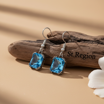 Sea Blue Crystal & Silvertone Princess-Cut Drop Earrings