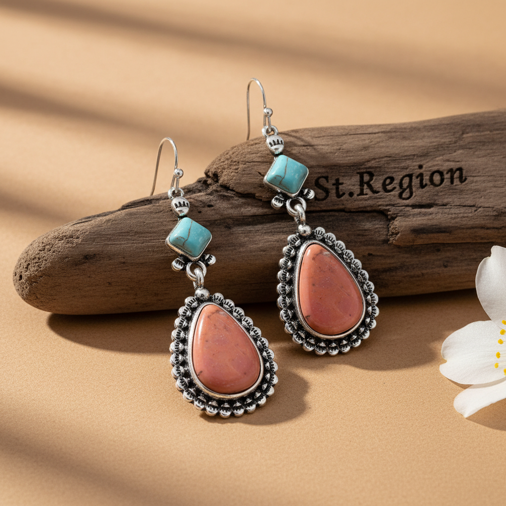 Turquoise & Silvertone Drop Earrings