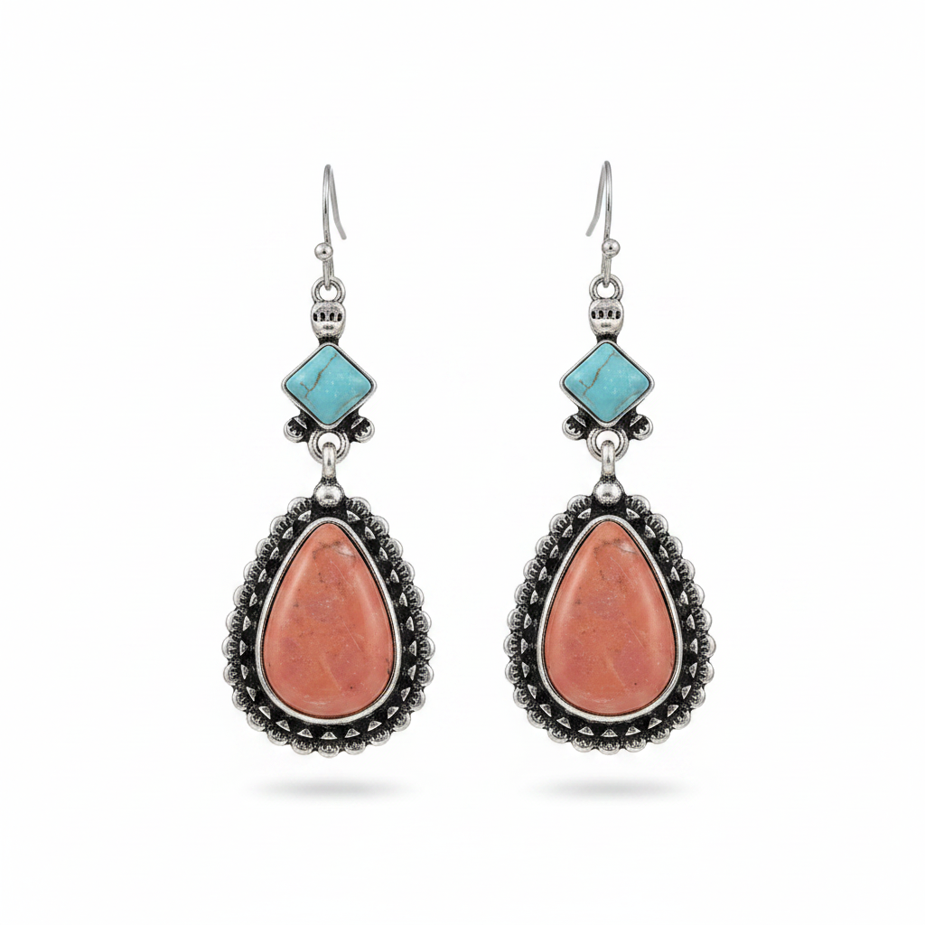 Turquoise & Silvertone Drop Earrings