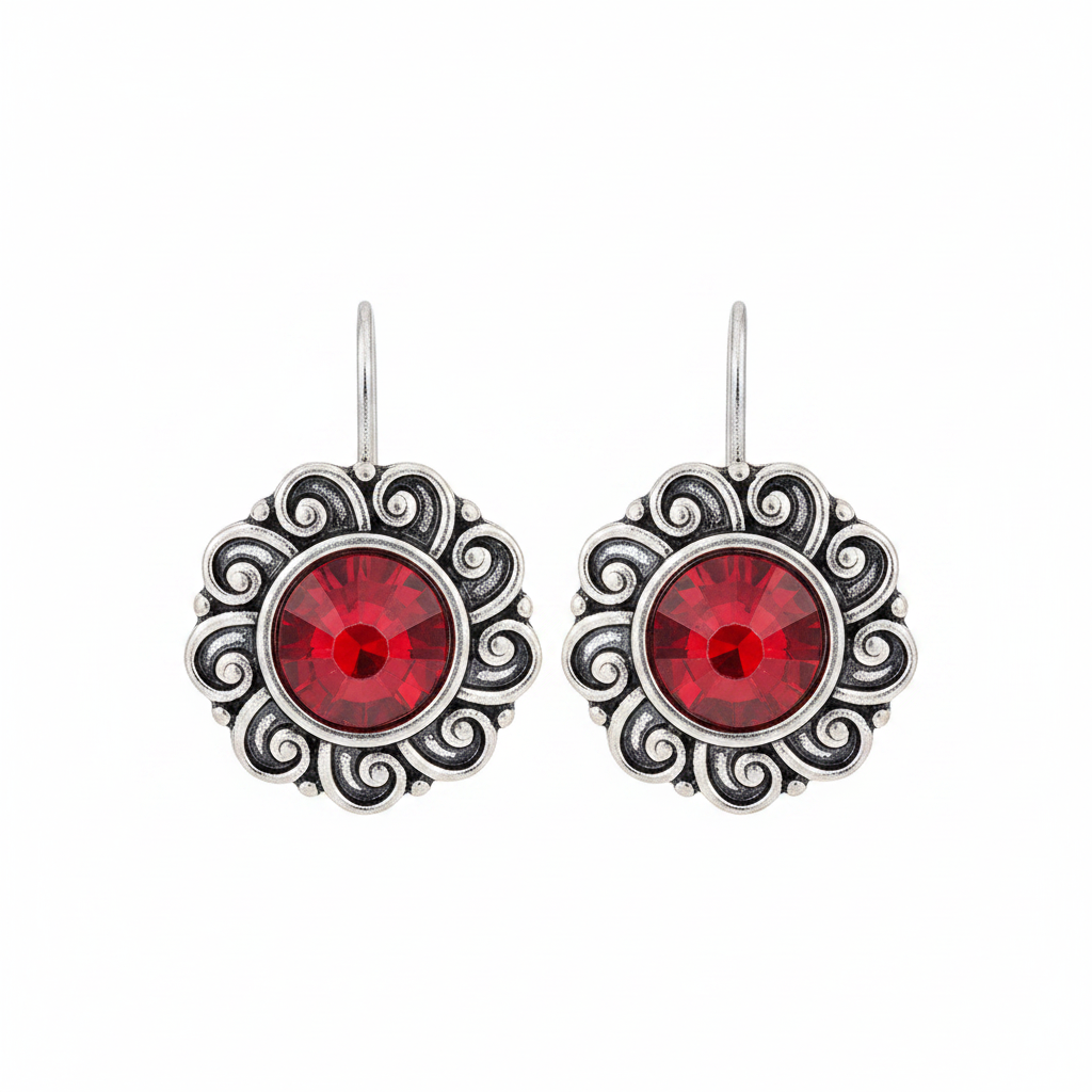 Red Crystal & Silvertone Flower Round Earrings