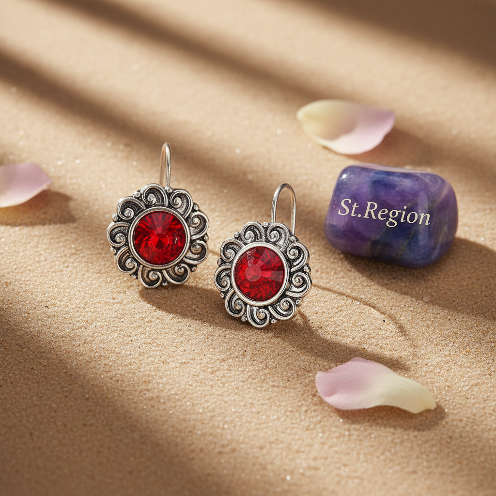 Red Crystal & Silvertone Flower Round Earrings