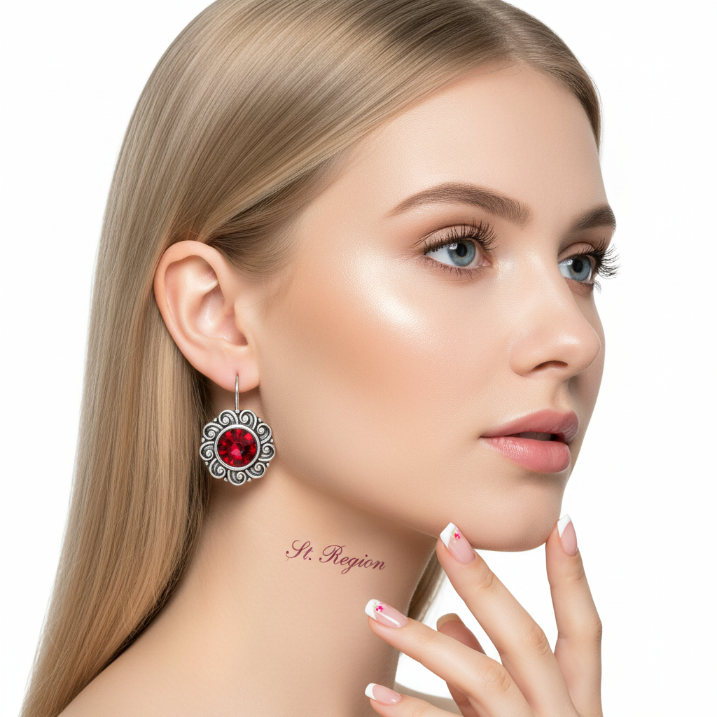Red Crystal & Silvertone Flower Round Earrings