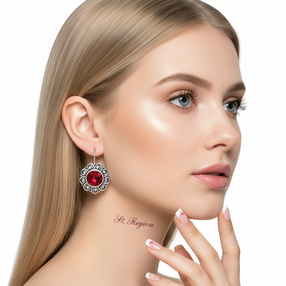 Red Crystal & Silvertone Flower Round Earrings