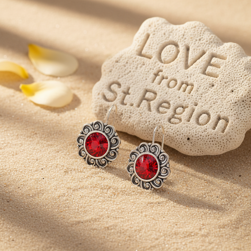 Red Crystal & Silvertone Flower Round Earrings
