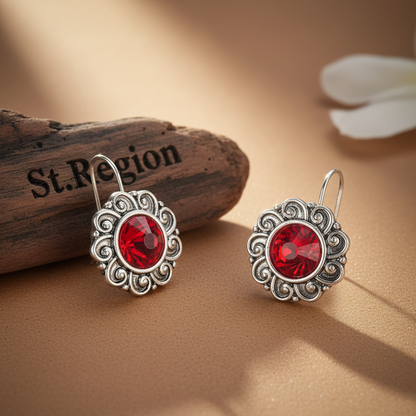 Red Crystal & Silvertone Flower Round Earrings