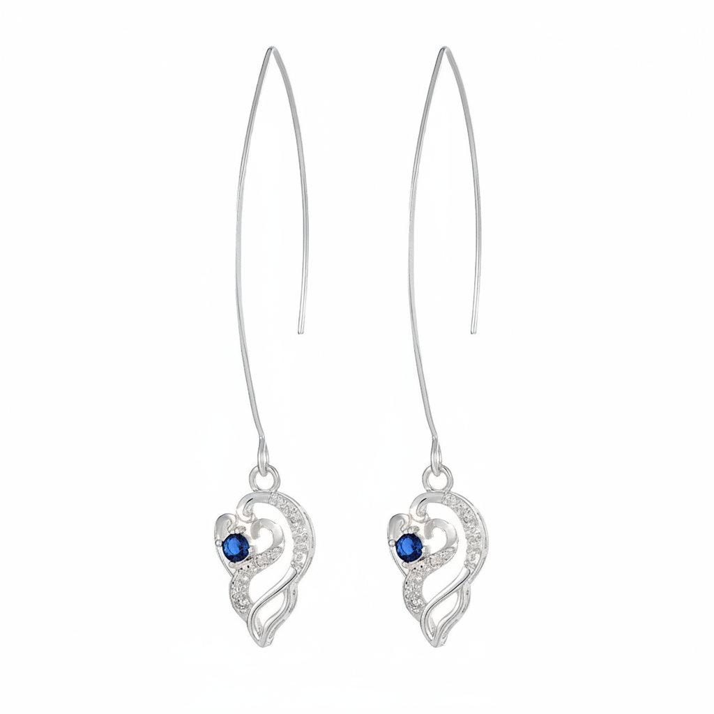 Royal Blue Crystal & Silvertone Swirling Filigree Heart Ultra-long Drop Earrings
