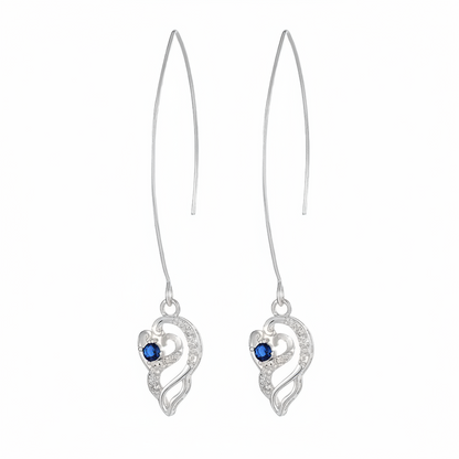 Royal Blue Crystal & Silvertone Swirling Filigree Heart Ultra-long Drop Earrings