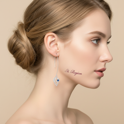 Royal Blue Crystal & Silvertone Swirling Filigree Heart Ultra-long Drop Earrings