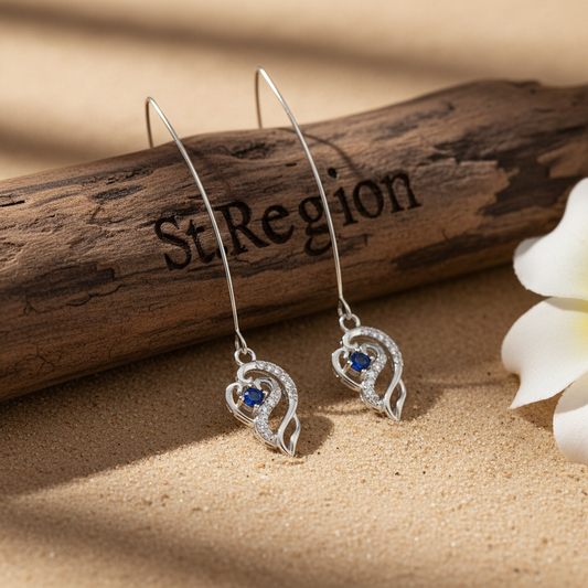 Royal Blue Crystal & Silvertone Swirling Filigree Heart Ultra-long Drop Earrings