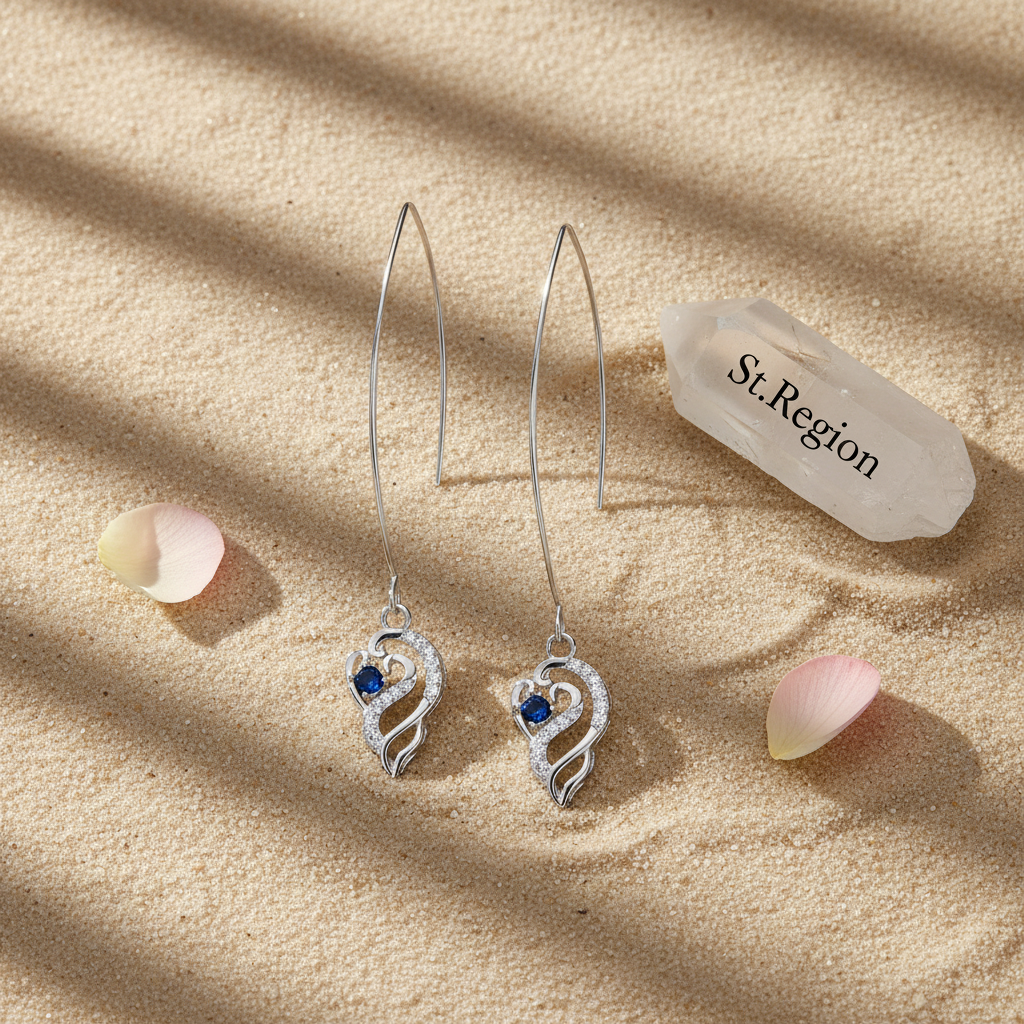 Royal Blue Crystal & Silvertone Swirling Filigree Heart Ultra-long Drop Earrings