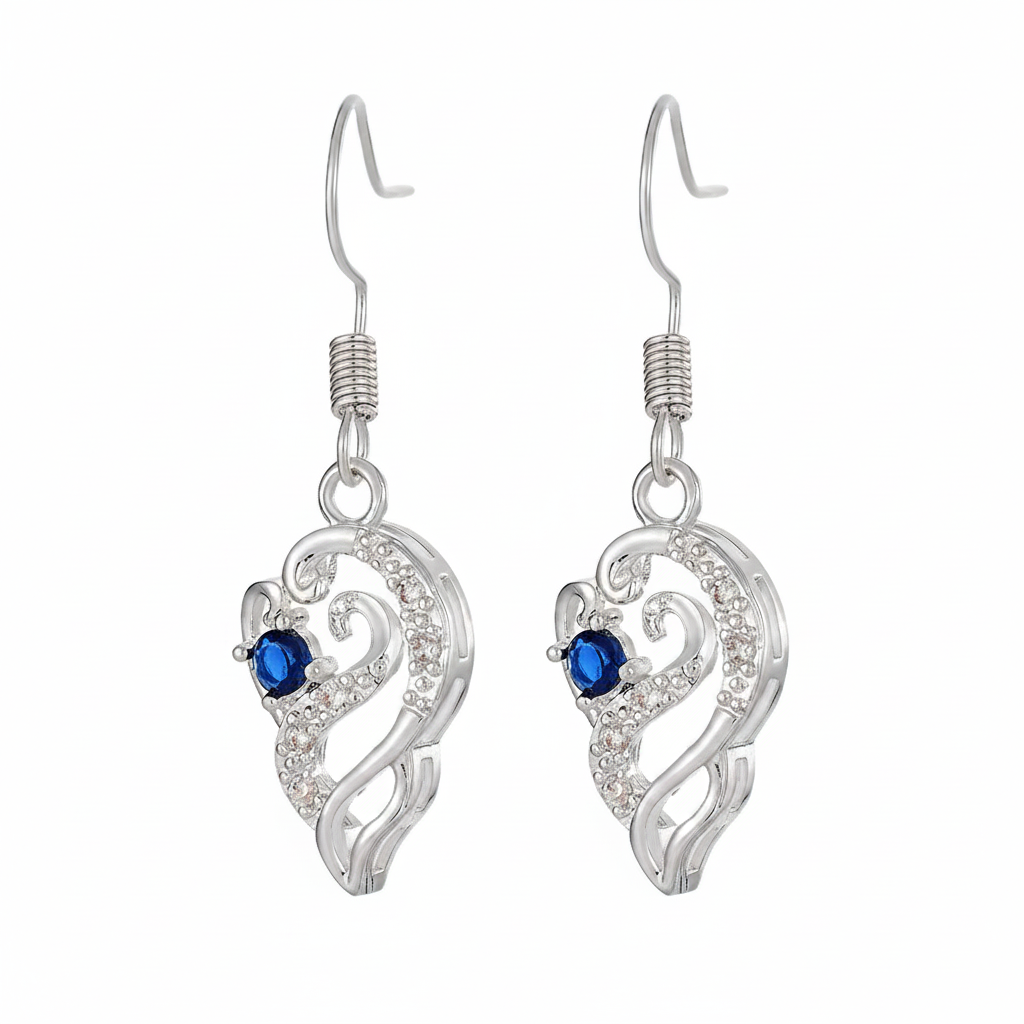 Royal Blue Crystal & Silvertone Swirling Filigree Heart Hook Earrings