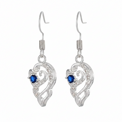Royal Blue Crystal & Silvertone Swirling Filigree Heart Hook Earrings