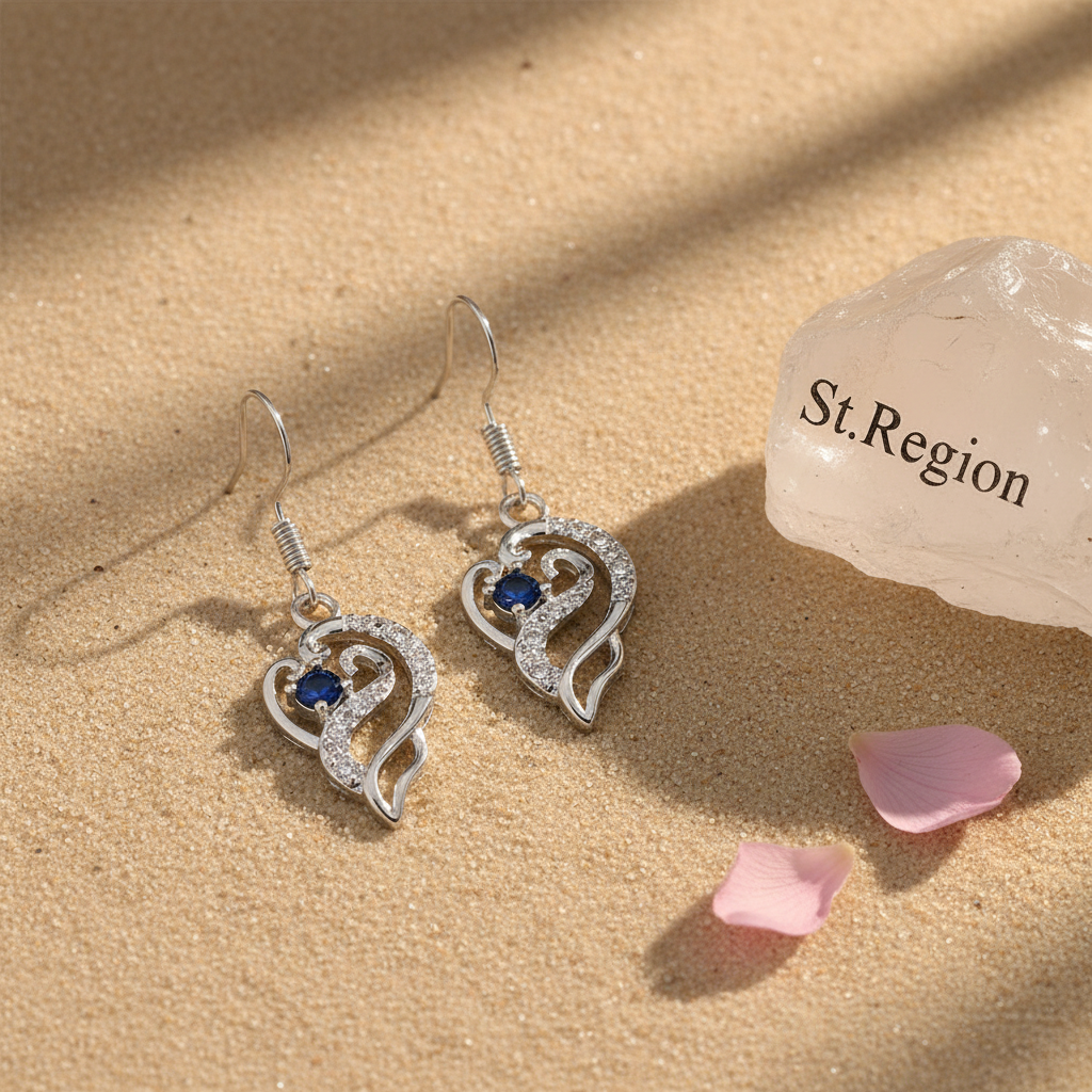 Royal Blue Crystal & Silvertone Swirling Filigree Heart Hook Earrings