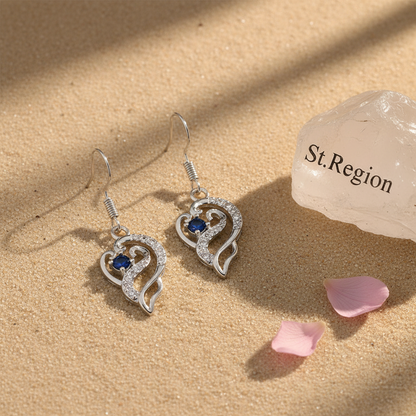 Royal Blue Crystal & Silvertone Swirling Filigree Heart Hook Earrings