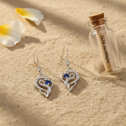 Royal Blue Crystal & Silvertone Swirling Filigree Heart Hook Earrings