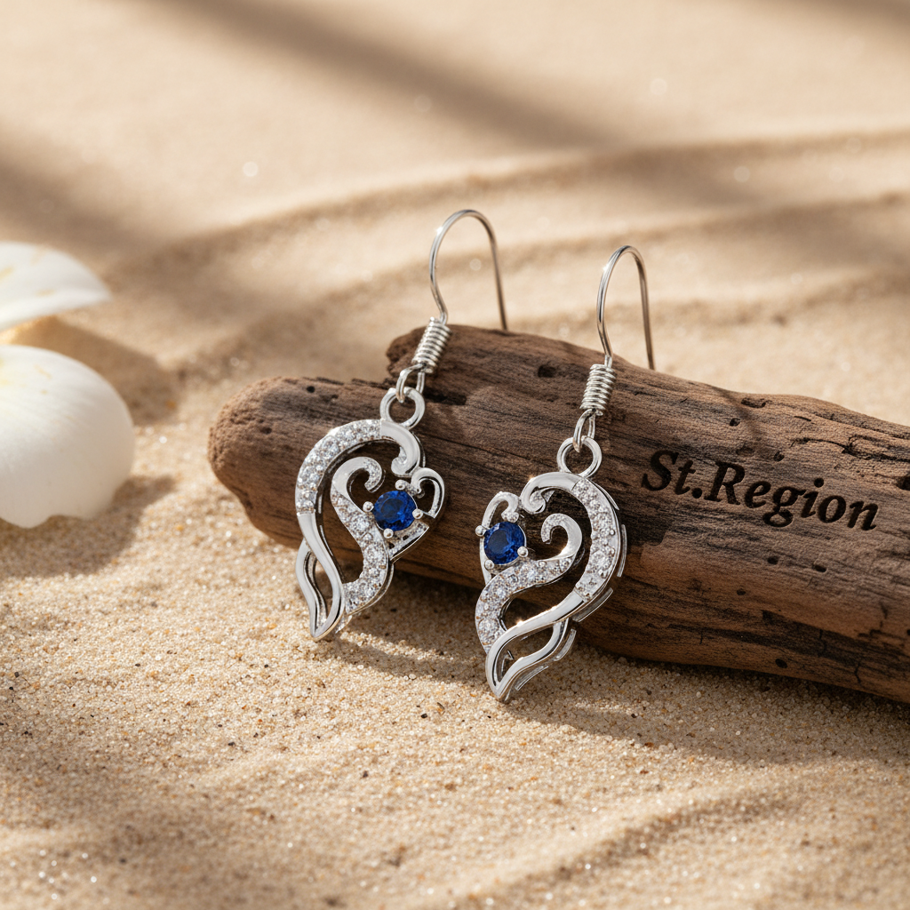 Royal Blue Crystal & Silvertone Swirling Filigree Heart Hook Earrings