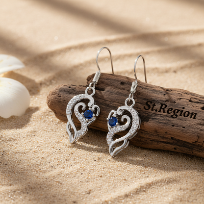 Royal Blue Crystal & Silvertone Swirling Filigree Heart Hook Earrings