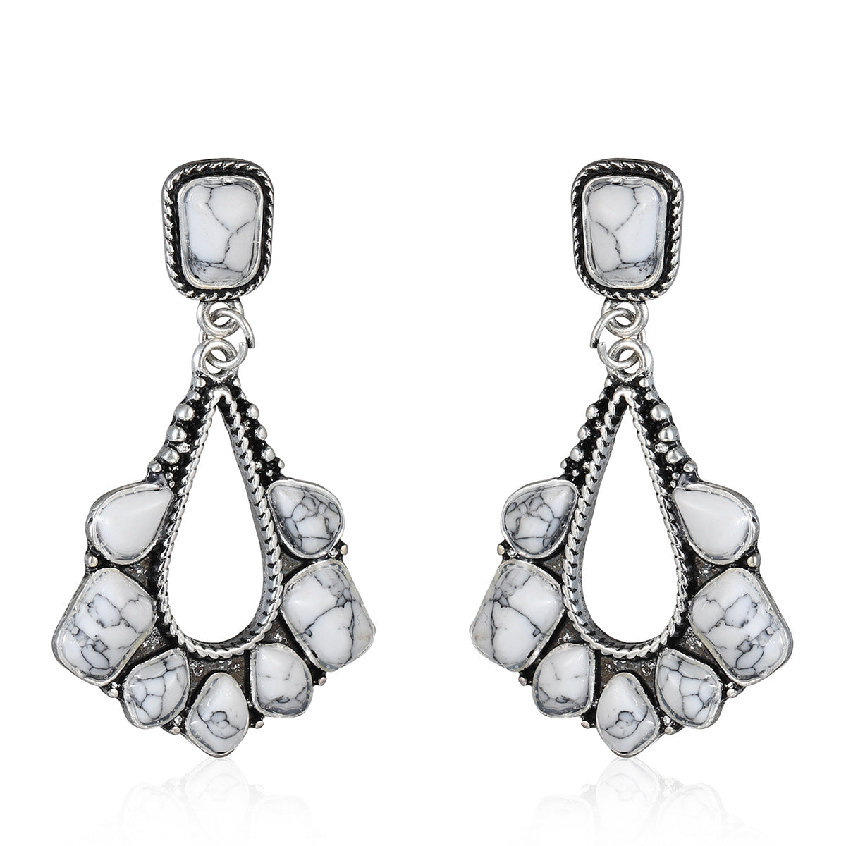 White Marbled Turquoise & Silvertone Chandelier Drop Earrings
