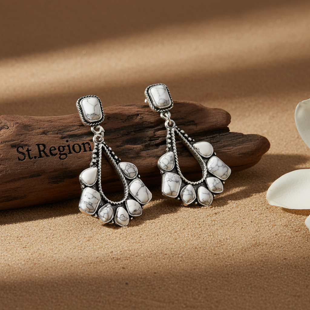 White Marbled Turquoise & Silvertone Chandelier Drop Earrings