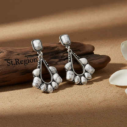 White Marbled Turquoise & Silvertone Chandelier Drop Earrings