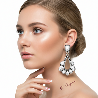 White Marbled Turquoise & Silvertone Chandelier Drop Earrings