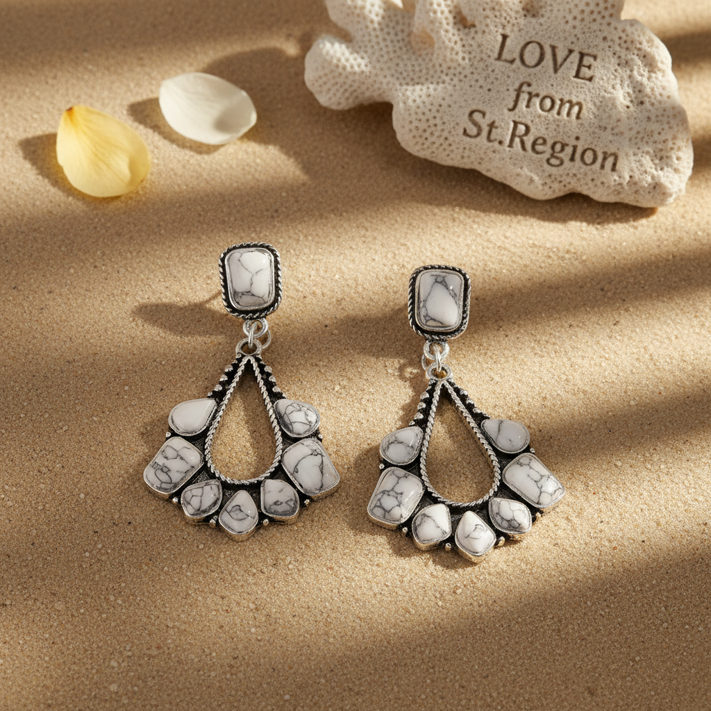 White Marbled Turquoise & Silvertone Chandelier Drop Earrings
