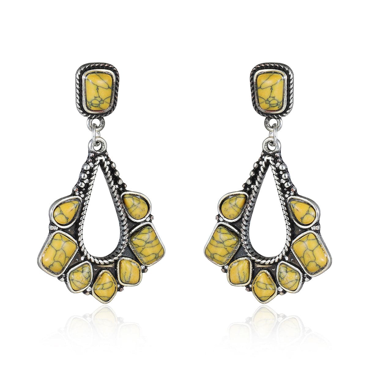 Yellow Marbled Turquoise & Silvertone Chandelier Drop Earrings