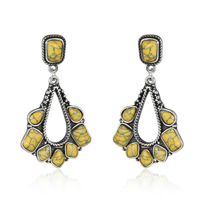 Yellow Marbled Turquoise & Silvertone Chandelier Drop Earrings