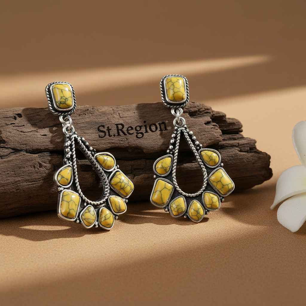 Yellow Marbled Turquoise & Silvertone Chandelier Drop Earrings