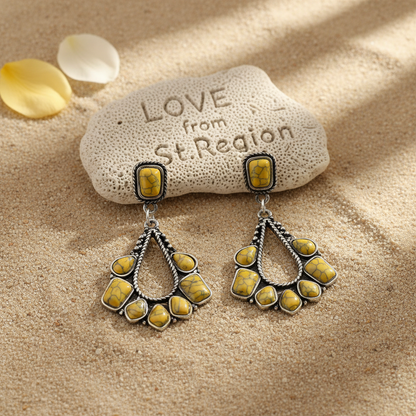 Yellow Marbled Turquoise & Silvertone Chandelier Drop Earrings