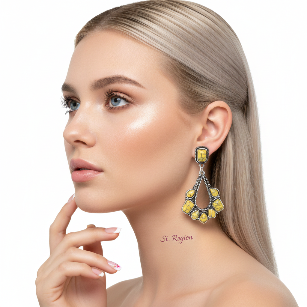 Yellow Marbled Turquoise & Silvertone Chandelier Drop Earrings