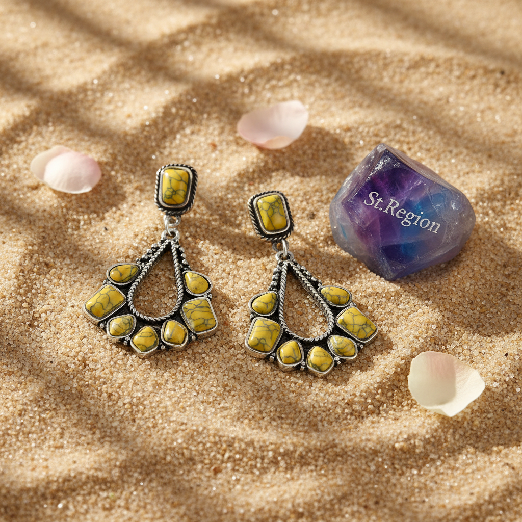 Yellow Marbled Turquoise & Silvertone Chandelier Drop Earrings