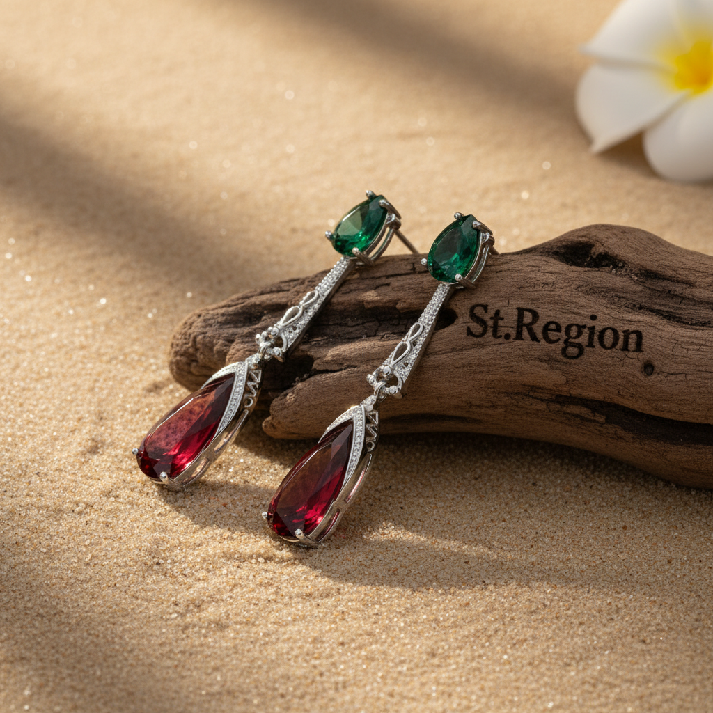 Green & Rose Crystal Drop Earrings