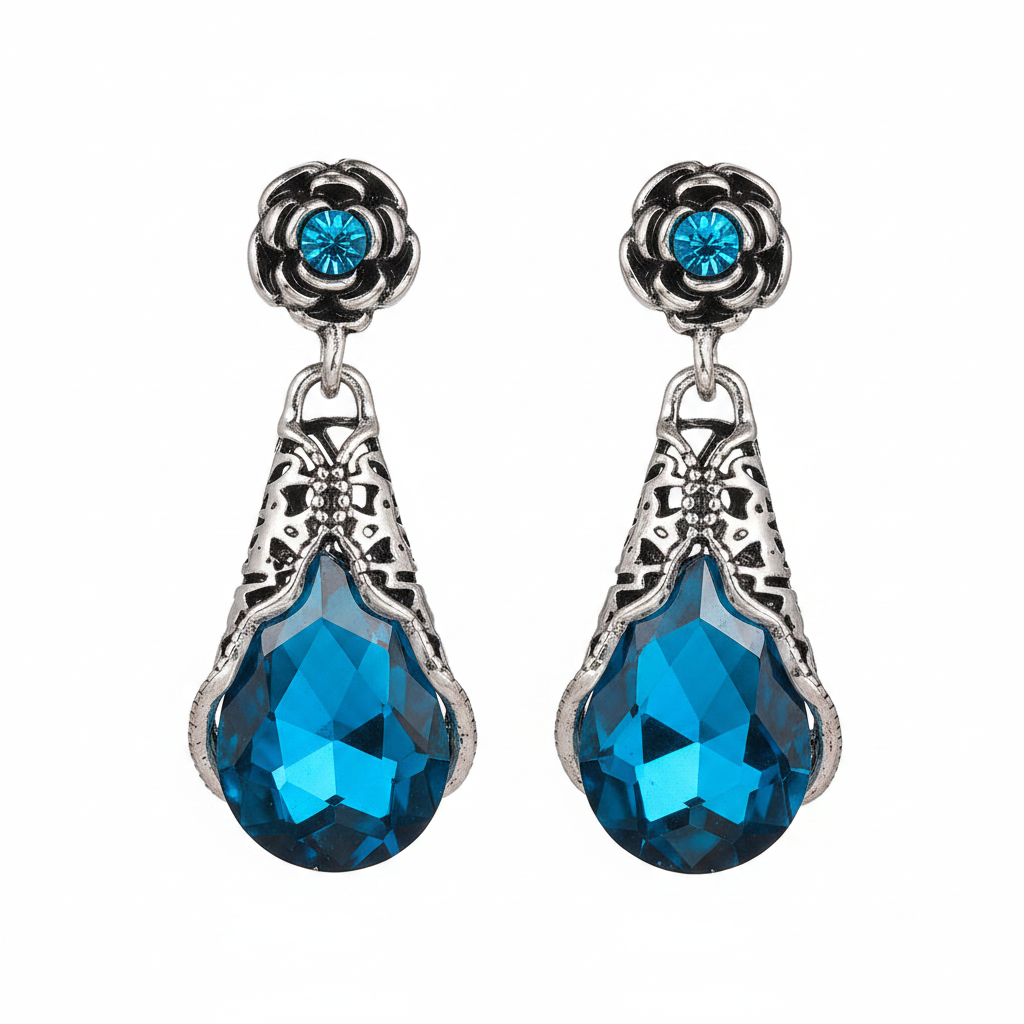 Blue Crystal & Cubic Zirconia Silvertone Rose Drop Earrings